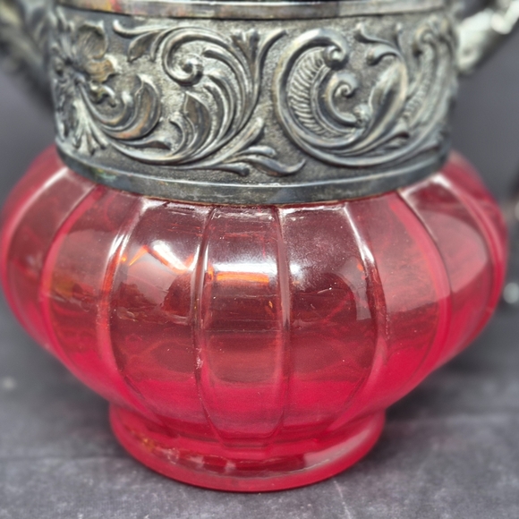Antique Pigeon Blood Red Glass And Pewter? Creamer - Picture 6 of 8